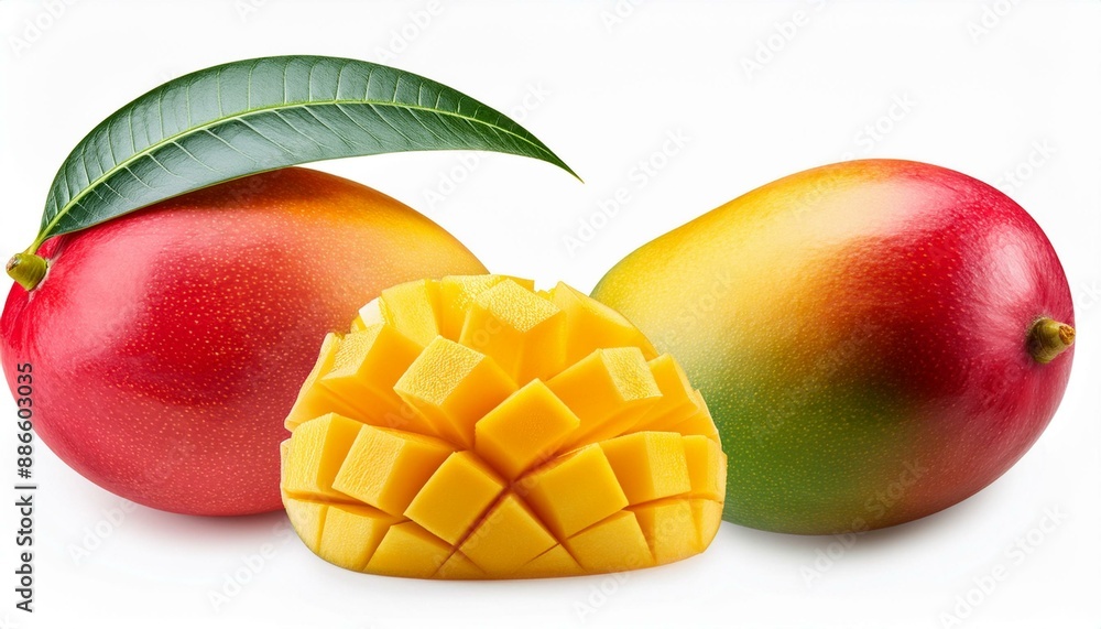 Poster set of mango fruits and mango slices. isolated on a white background. clipping path.