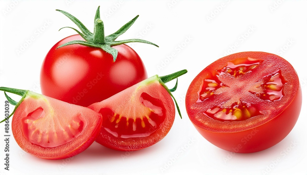 Poster set of cherry tomatoes and tomato slices isolated on white background. macro shot.