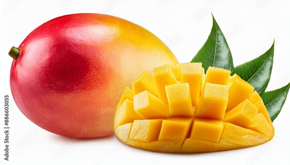 Poster set of mango fruits and mango slices. isolated on a white background. clipping path.