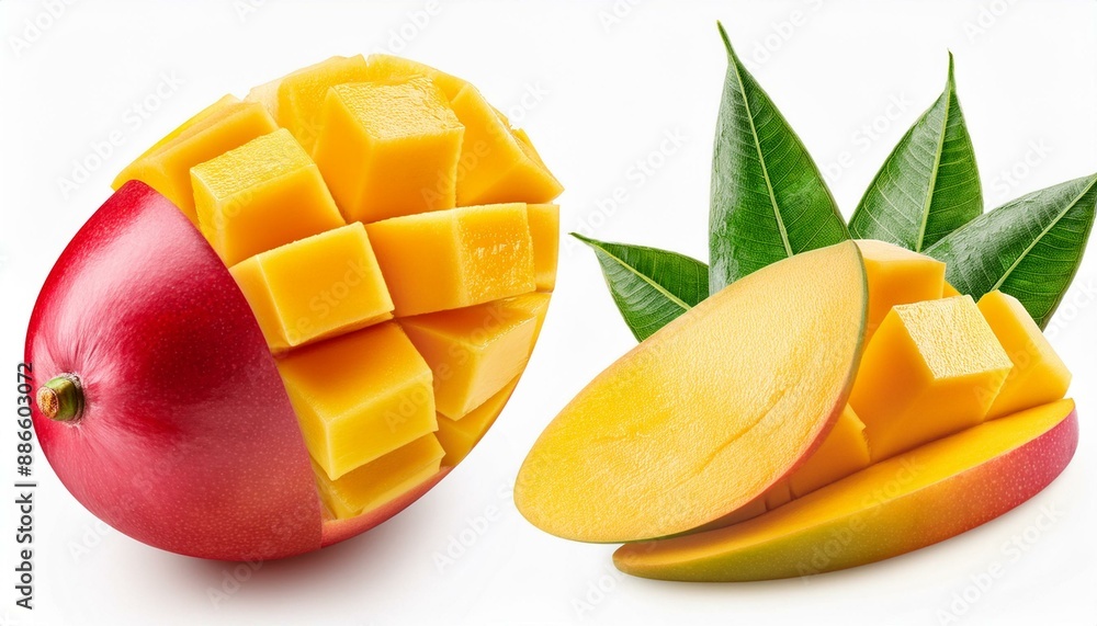 Poster set of mango fruits and mango slices. isolated on a white background. clipping path.