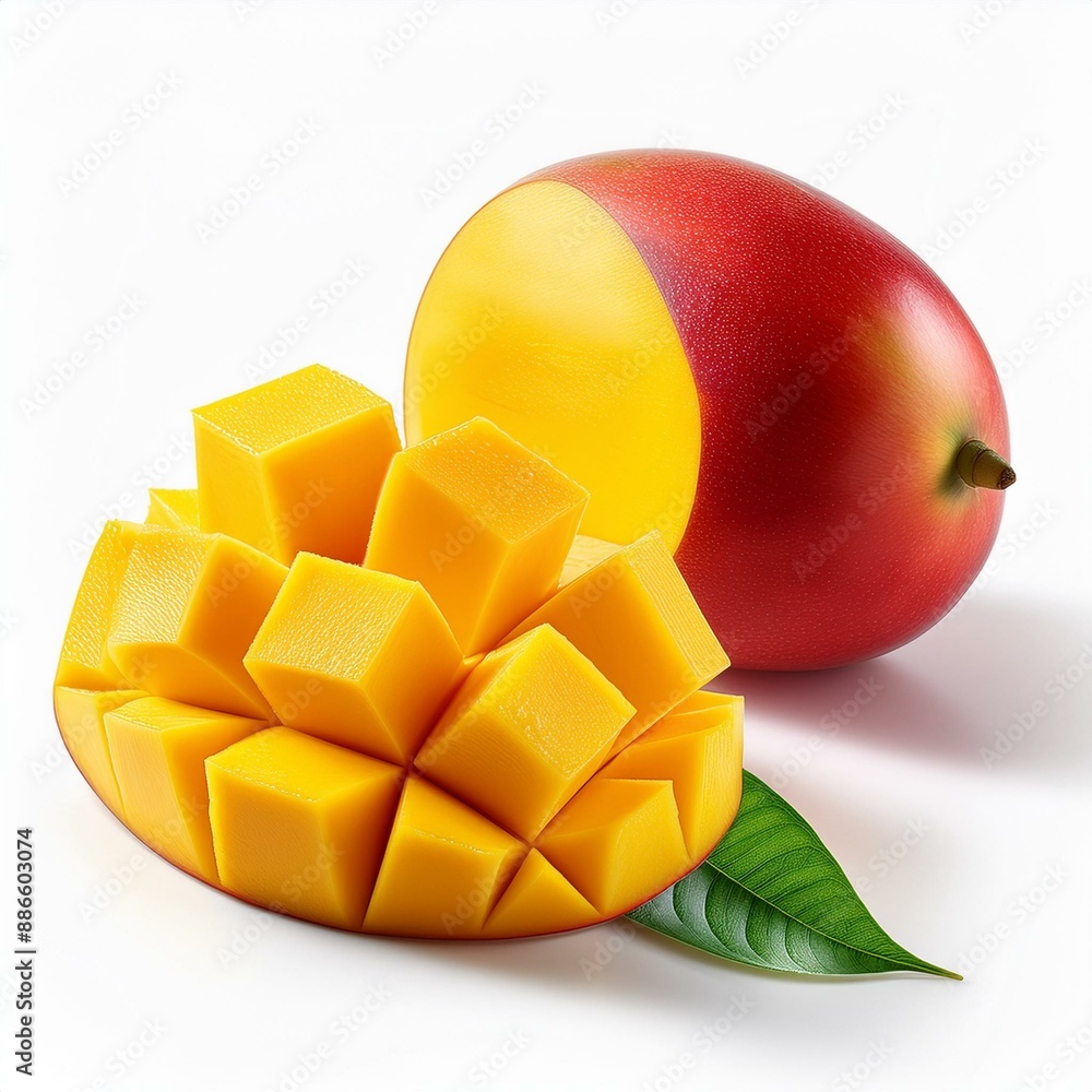 Poster set of mango cubes and mango slices isolated on a white background.