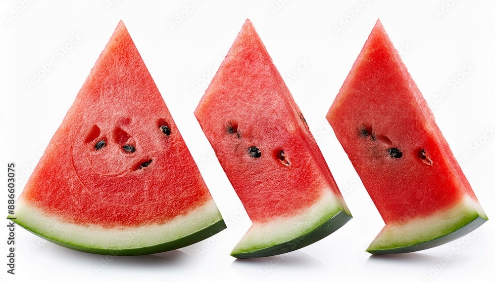 Poster set of watermelon triangle slices without seeds isolated on white background. clipping path.