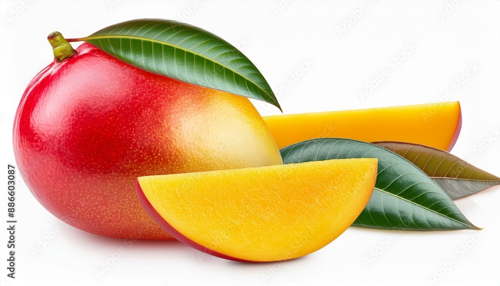 Poster set of mango fruits and mango slices. isolated on a white background. clipping path.