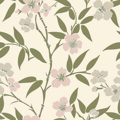 Elegant Floral Pattern Wallpaper with Pastel Blossoms and Green Foliage