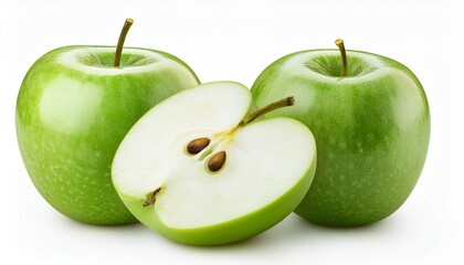 Two green apples and half of green apple on white background.  contains clipping path.