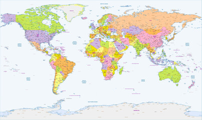 Detailed political physicals map of the world English labeled
