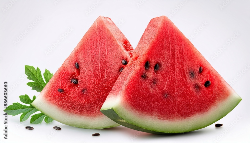Poster watermelon triangle slices with seeds isolated on white background. clipping path.