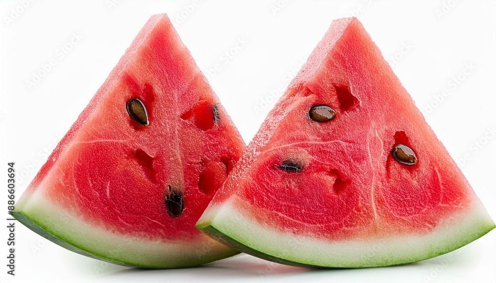 Poster watermelon triangle slices with seeds isolated on white background. clipping path.