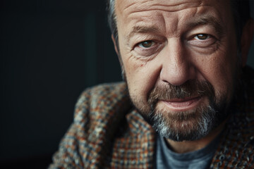 Obraz premium Close-up portrait of a middle aged man of European descent, studio photo, against a sleek gray studio backdrop