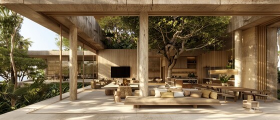 Obraz premium Modern open-concept living space with wooden elements and natural greenery, featuring minimalist furniture and large windows.