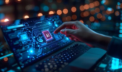 Obraz premium Hand using AI with laptop at night.