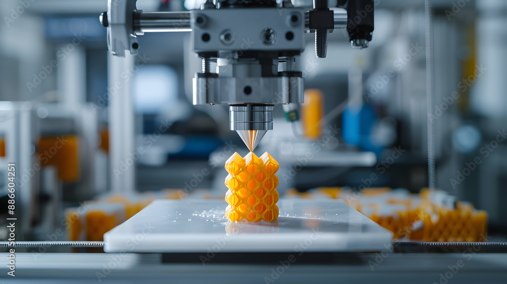 Poster close-up of a 3d printer creating a detailed yellow object