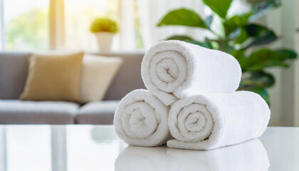 roll up of white towels on white table with copy space on blurred living room background