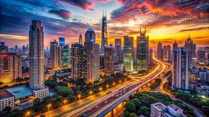 Obraz premium Vibrant cityscape at dusk, sprawling metropolis with towering skyscrapers, neon streetlights, and bustling roads, capturing urban grandeur and mesmerizing nocturnal beauty.