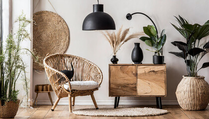 Sleek and Stylish Stylish and scandinavian living room interior of modern apartment with gray sofa, design wooden commode, black table, lamp, abstract paintings on the wall.