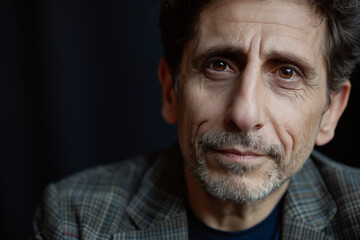 Fototapeta premium Close-up portrait of a middle aged man of European descent, studio photo, against a sleek gray studio backdrop
