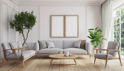 Scandinavian interior poster mock up with horizontal wooden frames, light grey sofa on wooden floor, wooden side table and green plant in living room with white wall. 3d illustrations.
