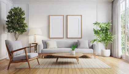 Scandinavian interior poster mock up with horizontal wooden frames, light grey sofa on wooden floor, wooden side table and green plant in living room with white wall. 3d illustrations.