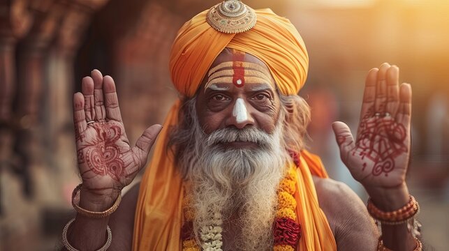 a hindu sadhu pandit giving blessing and ashirwad gesture with both his hands up, traditional attire and turban, nose paint, bead bracelets and flower garlands, red sindor, face paint, henna on hands