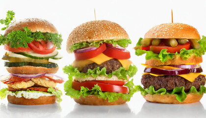 set of different burgers with ingredients by layers white isolated
