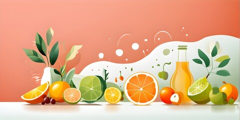 minimalist illustration of abstract shapes representing healthy drink and food