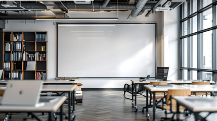 Modern classroom with whiteboard and bookshelves