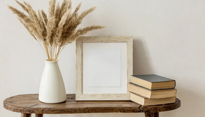 Square wooden frame mockup on vintage bench, table. Modern white ceramic vase with dry Lagurus ovatus grass, books and busines card. White wall background. Scandinavian interior.