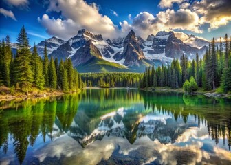 Majestic mountain landscape with snow-capped peaks, lush green forests, and serene lake reflections, evoking a sense of adventure and exploration in the great outdoors.