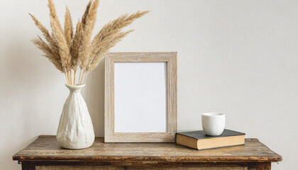 Square wooden frame mockup on vintage bench, table. Modern white ceramic vase with dry Lagurus ovatus grass, books and busines card. White wall background. Scandinavian interior.