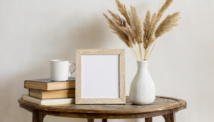 Square wooden frame mockup on vintage bench, table. Modern white ceramic vase with dry Lagurus ovatus grass, books and busines card. White wall background. Scandinavian interior.