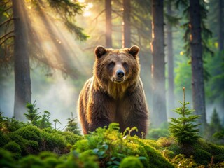 A majestic brown bear emerges from the misty forest, surrounded by towering trees and vibrant green foliage, its fur glistening in the soft sunlight.