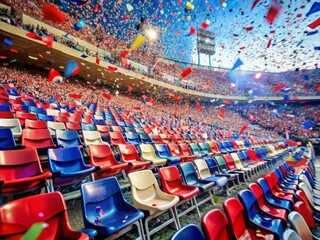 Colorful confetti fills the air as a sea of empty chairs and waving flags remain on the stands, capturing the energetic aftermath of a thrilling victory.