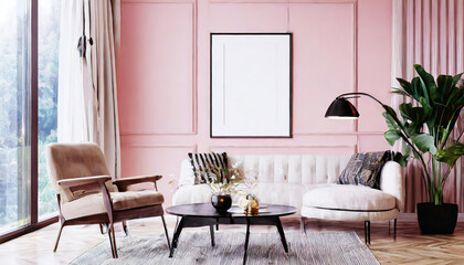 Stylish Living Room Interior with an Abstract Frame Poster, Modern interior design, 3D render, 3D illustration