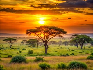 Naklejka premium Vibrant orange sunrise casts a warm glow over a serene African savannah, with acacia trees dotting the lush green grassy landscape, void of human presence.