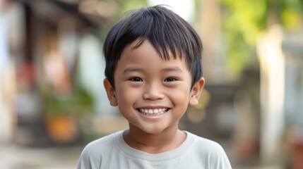 Smiling Young Boy Outdoors, Joyful Expression, CloseUp Perfect for Social Media, Asian Heritage