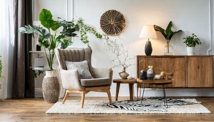 Stylish scandi compostion at living room interior with design gray sofa wooden coffee table shelf cube carpet rattan pouf plants picture frame table lamp and elegant accessories in home decor
