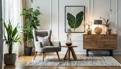 Stylish scandi compostion at living room interior with design gray sofa wooden coffee table shelf cube carpet rattan pouf plants picture frame table lamp and elegant accessories in home decor