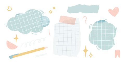 Doodle memo clouds and torn notes, grip paper, small drawing elements like stars and heart. journal vector box, notebook shape