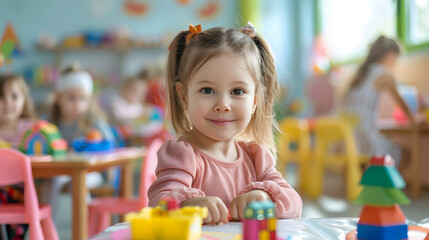 Happy toddler playing in a vibrant preschool classroom