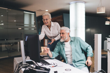 Obraz premium Senior Caucasian man and woman working together in modern office. man, seated and smiling, points at computer screen while woman stands next to him, engaged and cheerful. sharing a positive moment