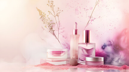 Luxury skincare products with pastel pink and purple accents
