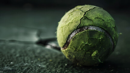 A green tennis ball is sitting on a cracked surface