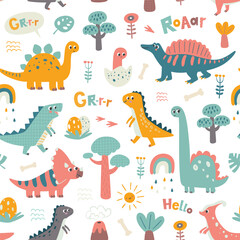 Kids baby pattern with cute dinosaurs, volcano, dino egg, rainbow and trees