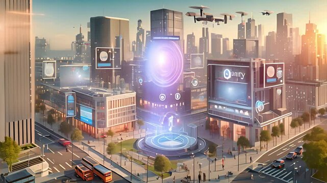 Futuristic smart city with technology and drones offers cuttingedge landscape