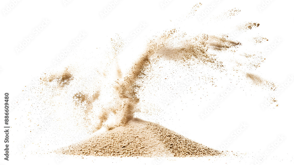 Poster sand flying explosion isolated on white background ,throwing freeze stop motion object design