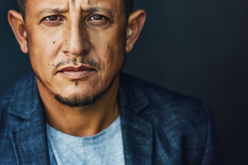 Obraz premium Close-up portrait of a middle aged Latino man, studio photo, against a sleek gray studio backdrop