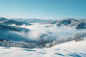 Panoramic Misty Valley with Rolling Hills and Fog-Shrouded Mountains, Serene Snow-Covered Fields Under Clear Blue Sky