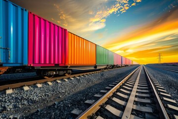 Fototapeta premium Vibrant freight train containers on a railway track