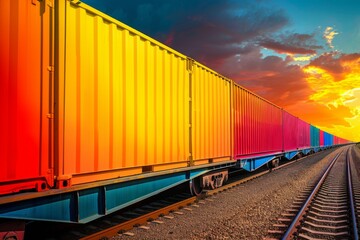 Obraz premium Vibrant freight train containers on a railway track