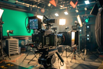 Professional camera setup in a studio with green screen
